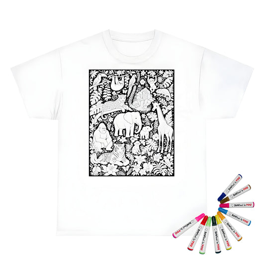 Tropical Jungle Safari Unisex T-Shirt coloring kit mockup with white base, cotton, and graphic print