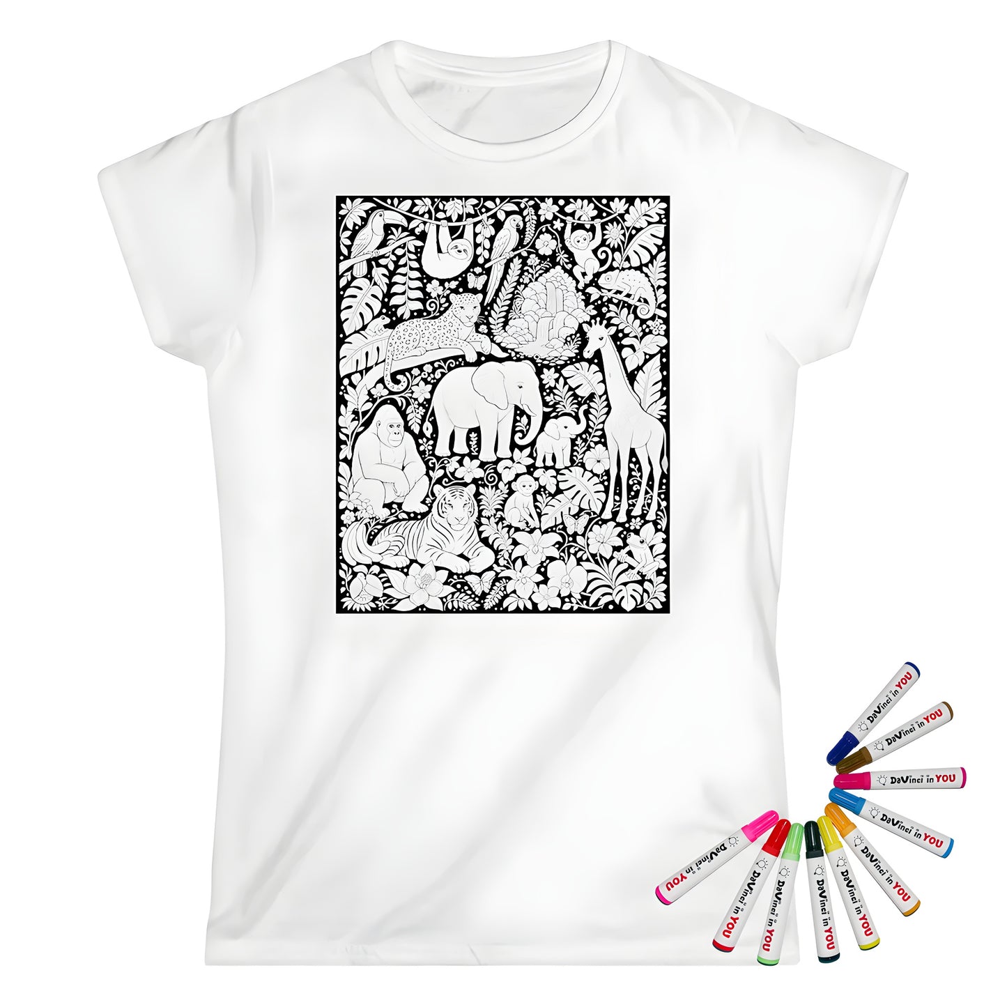 Tropical Jungle Safari Womens T-Shirt coloring kit mockup with white base, cotton, and graphic print