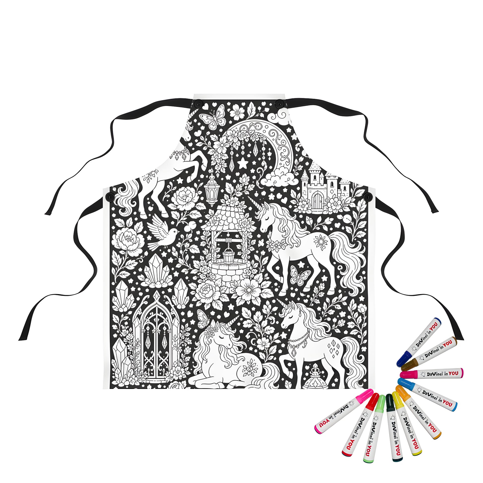 Unicorn Meadow Apron coloring kit mockup with polyester and graphic print