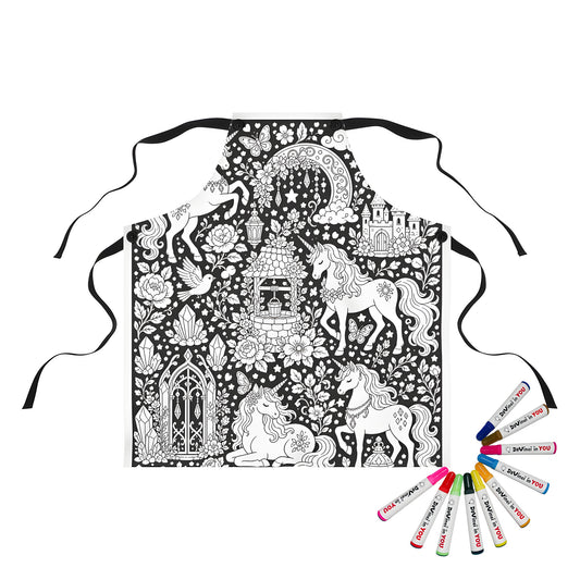 Unicorn Meadow Apron coloring kit mockup with polyester and graphic print