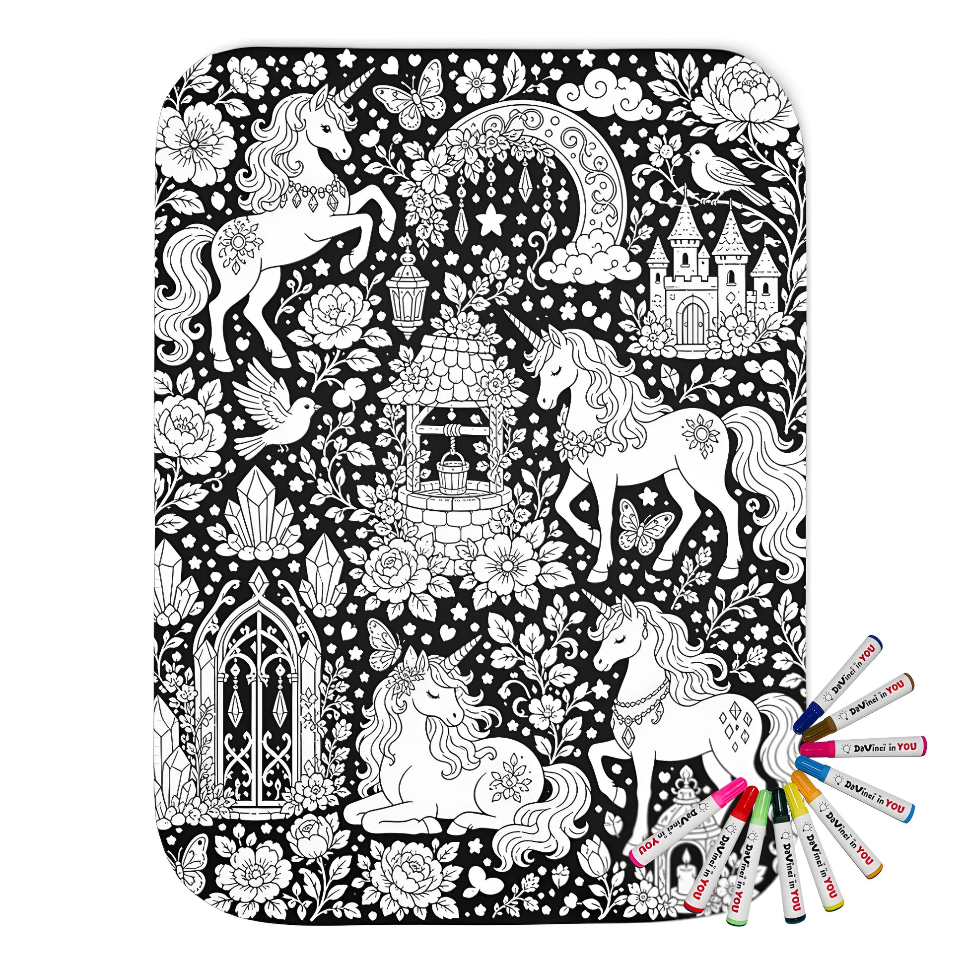Unicorn Meadow Sherpa Blanket coloring kit mockup with polyester and graphic print