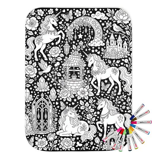 Unicorn Meadow Sherpa Blanket coloring kit mockup with polyester and graphic print