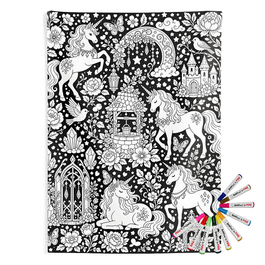 Unicorn Meadow Indoor Wall Tapestry coloring kit mockup with polyester and graphic print