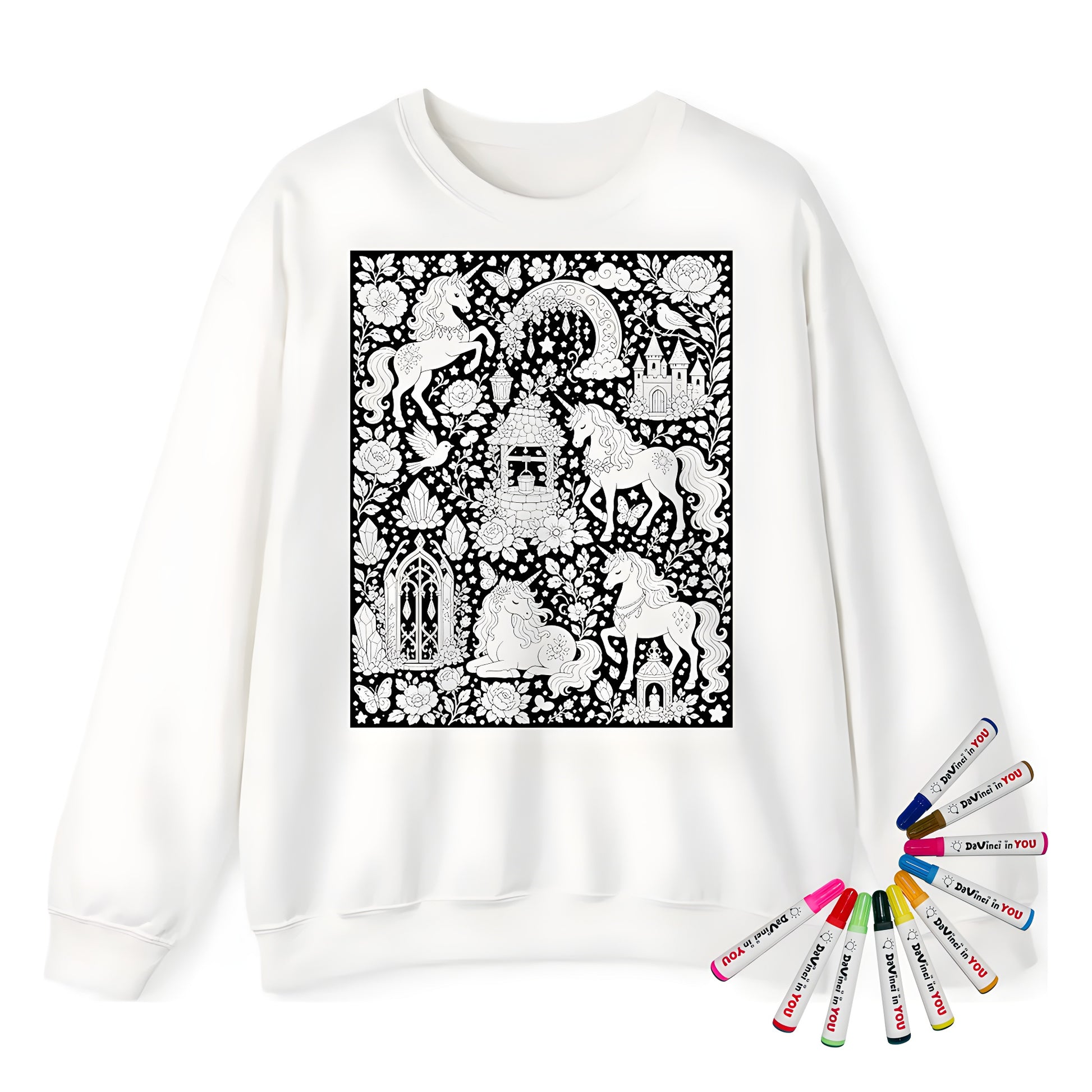 Unicorn Meadow Adult Crewneck Sweatshirt coloring kit mockup with white base, cotton/polyester blend, and graphic print