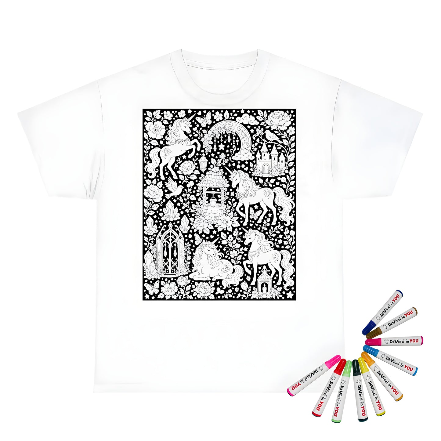 Unicorn Meadow Kids T-Shirt coloring kit mockup with white base, cotton, and graphic print
