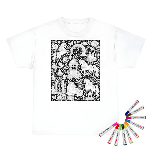 Unicorn Meadow Unisex T-Shirt coloring kit mockup with white base, cotton, and graphic print