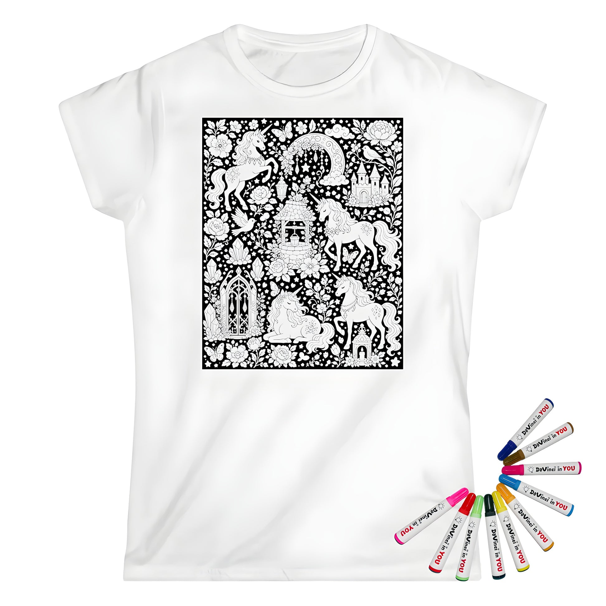Unicorn Meadow Womens T-Shirt coloring kit mockup with white base, cotton, and graphic print