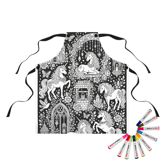 Unicorn Storybook Castle Apron coloring kit mockup with polyester and graphic print