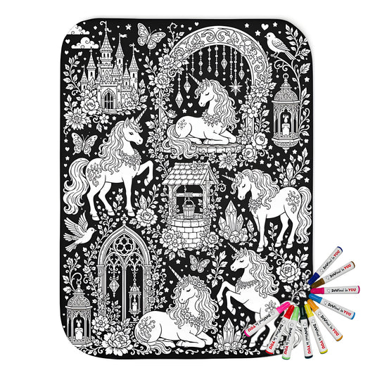 Unicorn Storybook Castle Sherpa Blanket coloring kit mockup with polyester and graphic print