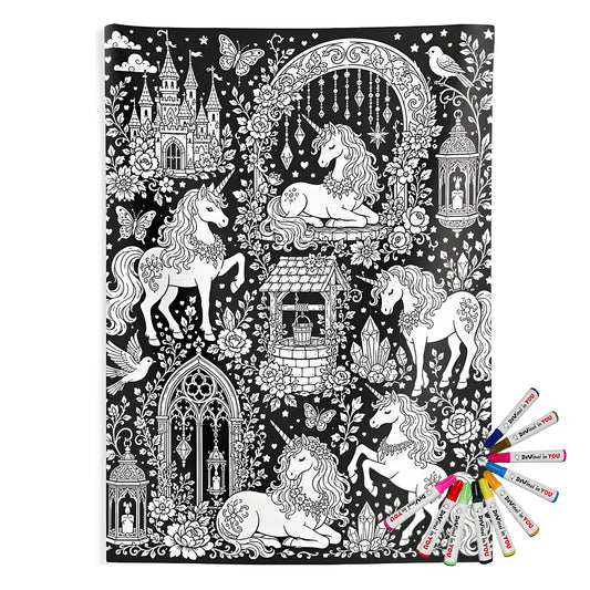 Unicorn Storybook Castle Indoor Wall Tapestry coloring kit mockup with polyester and graphic print