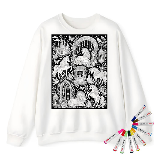 Unicorn Storybook Castle Adult Crewneck Sweatshirt coloring kit mockup with white base, cotton/polyester blend, and graphic print
