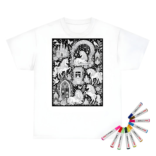 Unicorn Storybook Castle Kids T-Shirt coloring kit mockup with white base, cotton, and graphic print