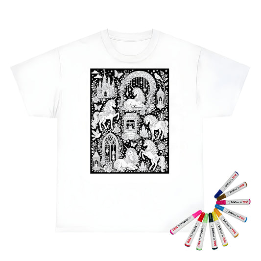 Unicorn Storybook Castle Unisex T-Shirt coloring kit mockup with white base, cotton, and graphic print