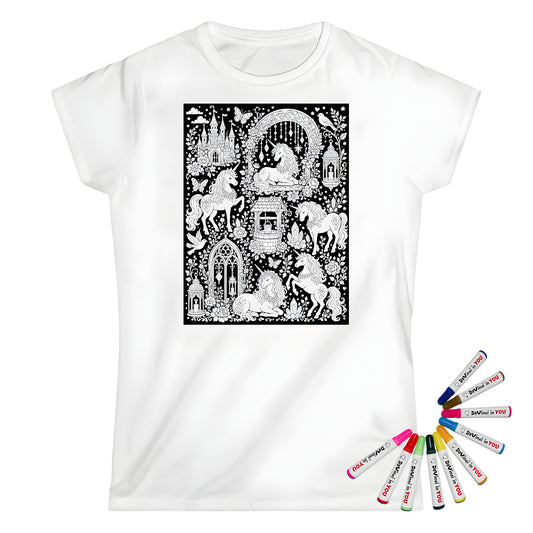 Unicorn Storybook Castle Womens T-Shirt coloring kit mockup with white base, cotton, and graphic print
