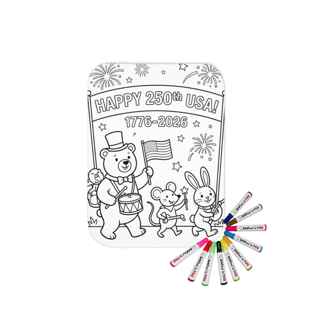 Sherpa coloring blanket with fabric markers featuring a USA 250th anniversary patriotic design