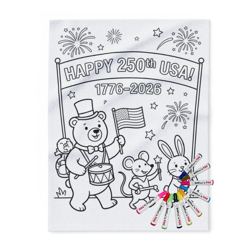 USA 250th Anniversary Fleece Blanket coloring kit mockup with polyester fleece and graphic print