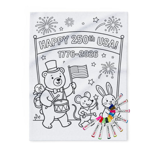 USA 250th Anniversary Fleece Blanket coloring kit mockup with polyester fleece and graphic print