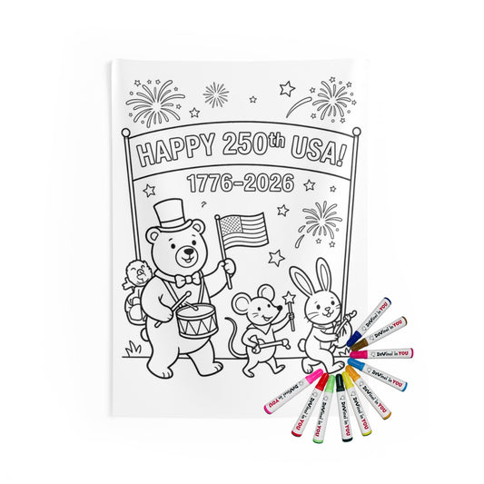 USA 250th Anniversary Indoor Wall Tapestry coloring kit mockup with polyester and graphic print