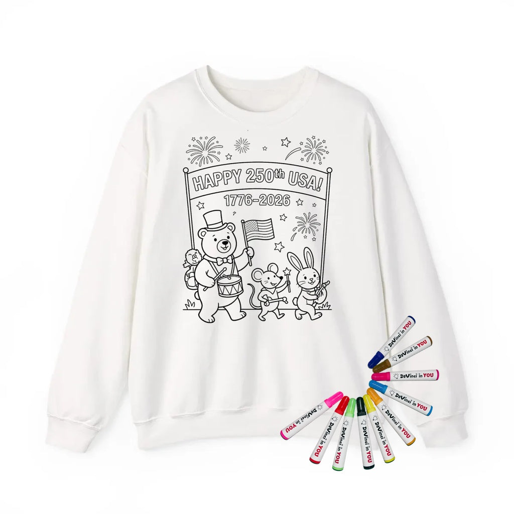 USA 250th Anniversary Adult Crewneck Sweatshirt coloring kit mockup with white base, cotton/polyester blend, and graphic print