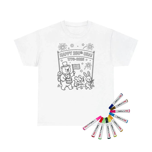 USA 250th Anniversary Unisex T-Shirt coloring kit mockup with white base, cotton, and graphic print