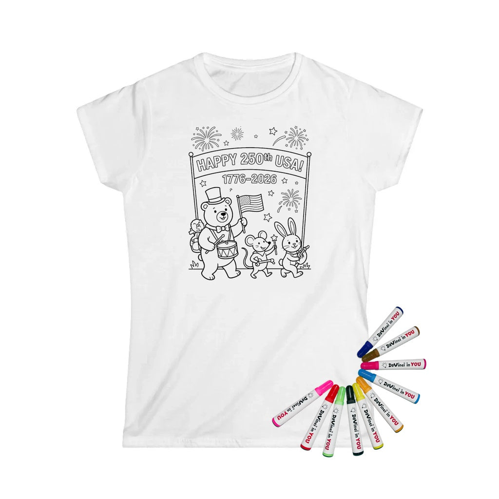 USA 250th Anniversary Womens T-Shirt coloring kit mockup with white base, cotton, and graphic print