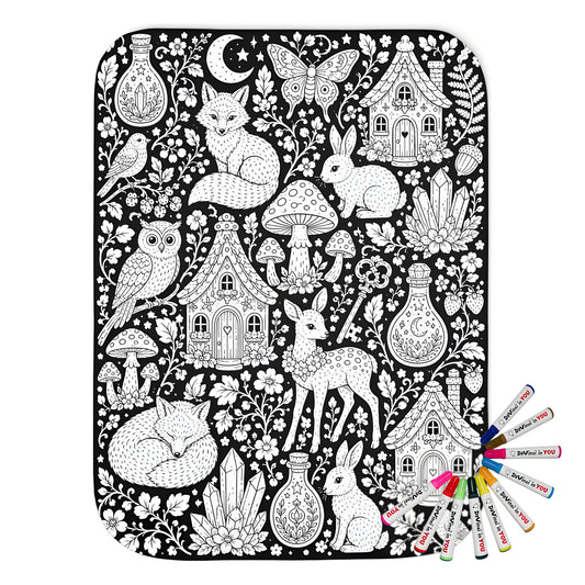 Woodland Fairy Cottages Sherpa Blanket coloring kit mockup with polyester and graphic print