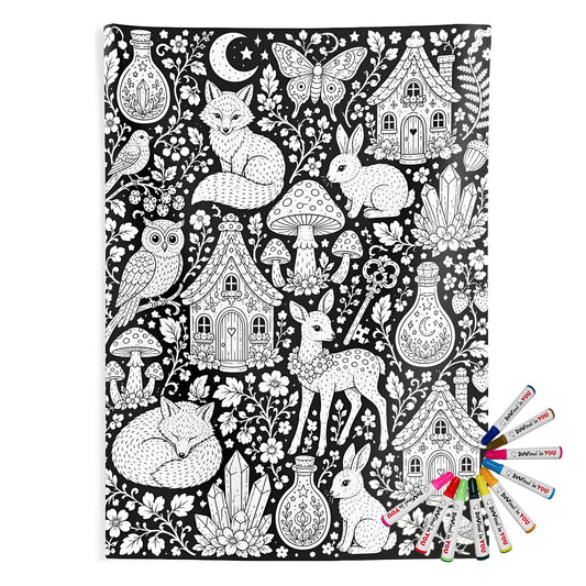 Woodland Fairy Cottages Indoor Wall Tapestry coloring kit mockup with polyester and graphic print