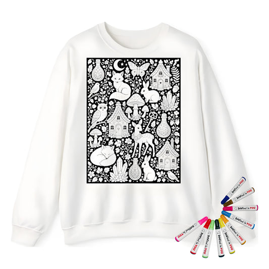 Woodland Fairy Cottages Adult Crewneck Sweatshirt coloring kit mockup with white base, cotton/polyester blend, and graphic print