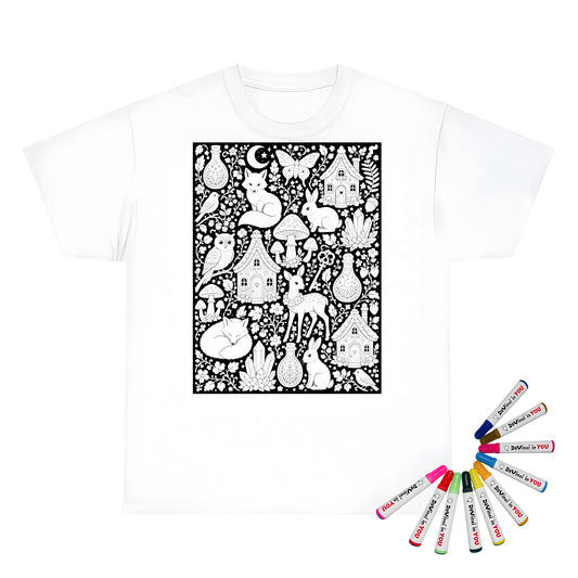Woodland Fairy Cottages Kids T-Shirt coloring kit mockup with white base, cotton, and graphic print