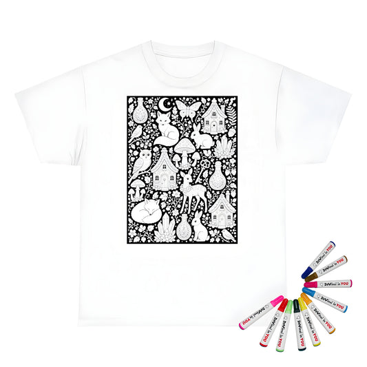 Woodland Fairy Cottages Unisex T-Shirt coloring kit mockup with white base, cotton, and graphic print
