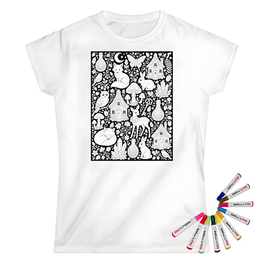 Woodland Fairy Cottages Womens T-Shirt coloring kit mockup with white base, cotton, and graphic print