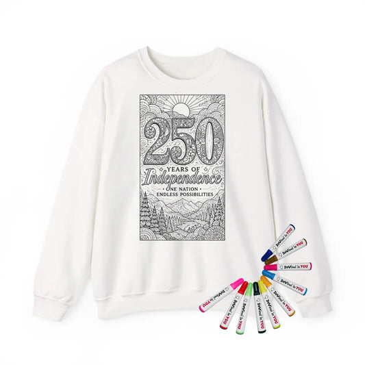 250 Years of Independence Adult Crewneck Sweatshirt coloring kit mockup with white base, cotton/polyester blend, and graphic print