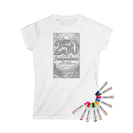 250 Years of Independence Womens T-Shirt coloring kit mockup with white base, cotton, and graphic print