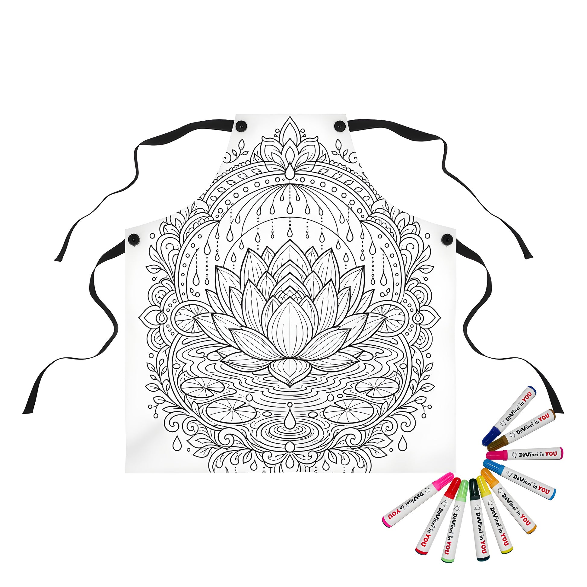 Zen Lotus Rain Mandala Apron coloring kit mockup with polyester and graphic print
