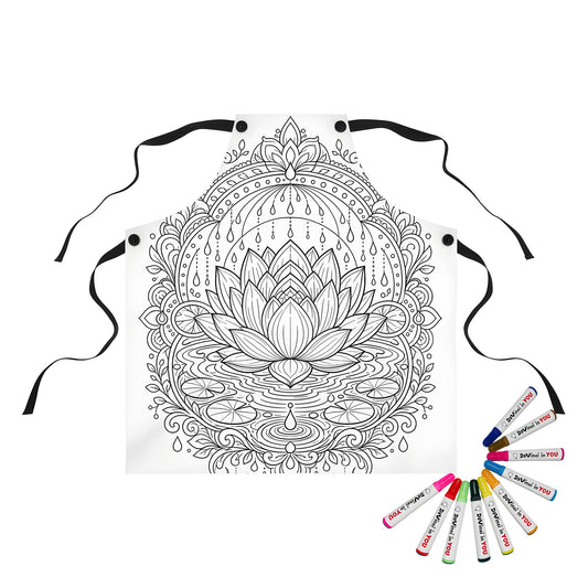 Zen Lotus Rain Mandala Apron coloring kit mockup with polyester and graphic print