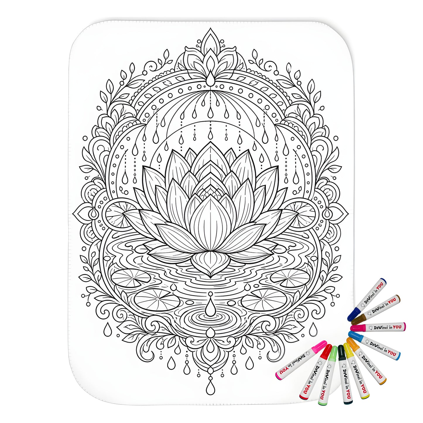 Zen Lotus Rain Mandala Sherpa Blanket coloring kit mockup with polyester and graphic print