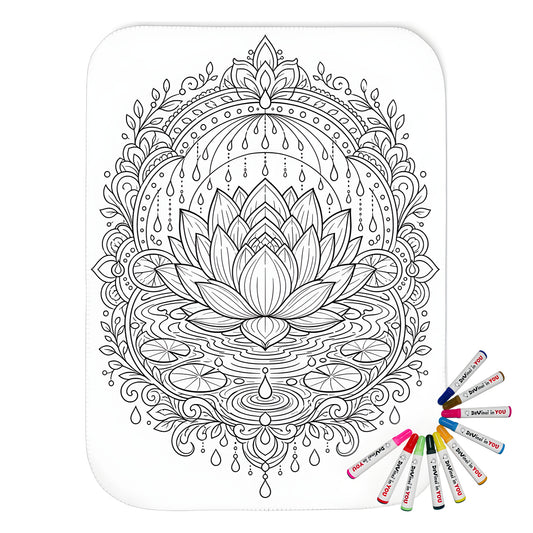 Zen Lotus Rain Mandala Sherpa Blanket coloring kit mockup with polyester and graphic print
