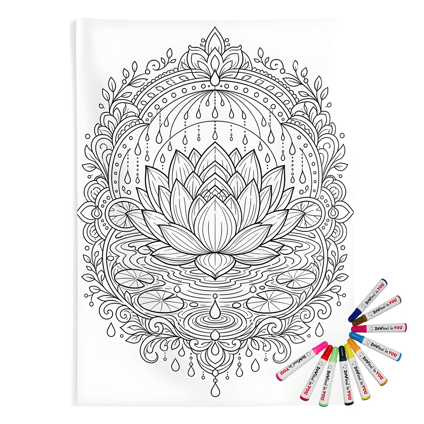 Zen Lotus Rain Mandala Indoor Wall Tapestry coloring kit mockup with polyester and graphic print
