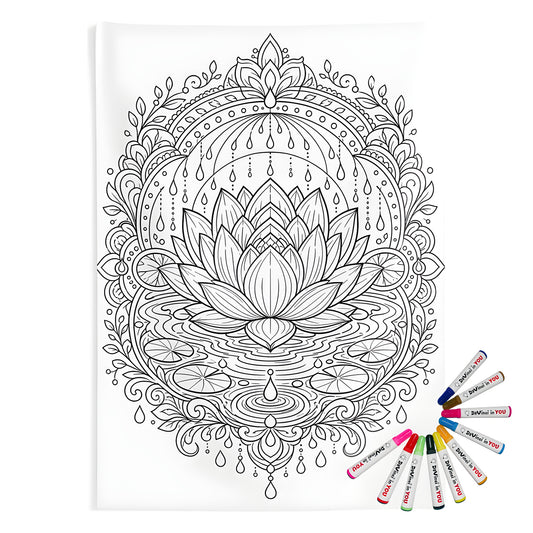 Zen Lotus Rain Mandala Indoor Wall Tapestry coloring kit mockup with polyester and graphic print