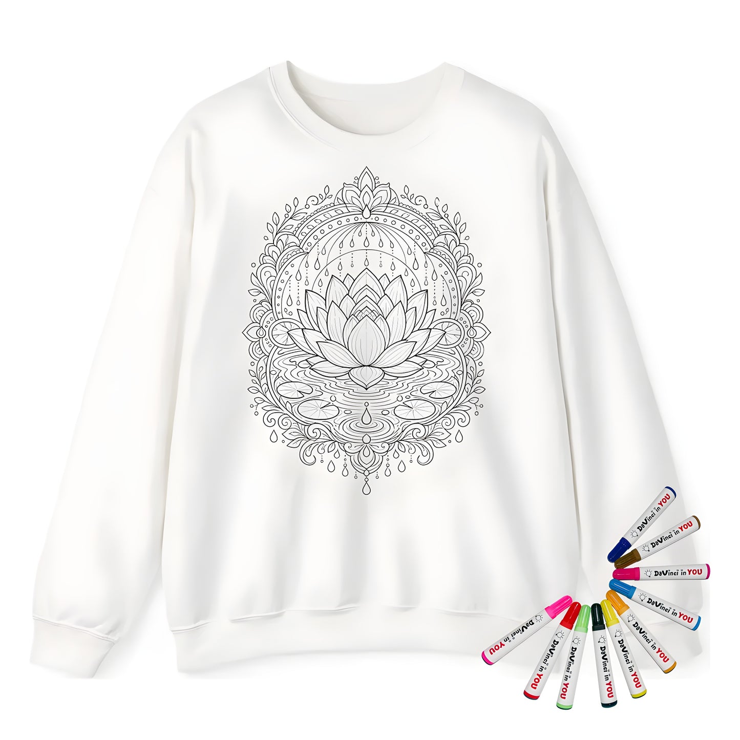 Zen Lotus Rain Mandala Adult Crewneck Sweatshirt coloring kit mockup with white base, cotton/polyester blend, and graphic print