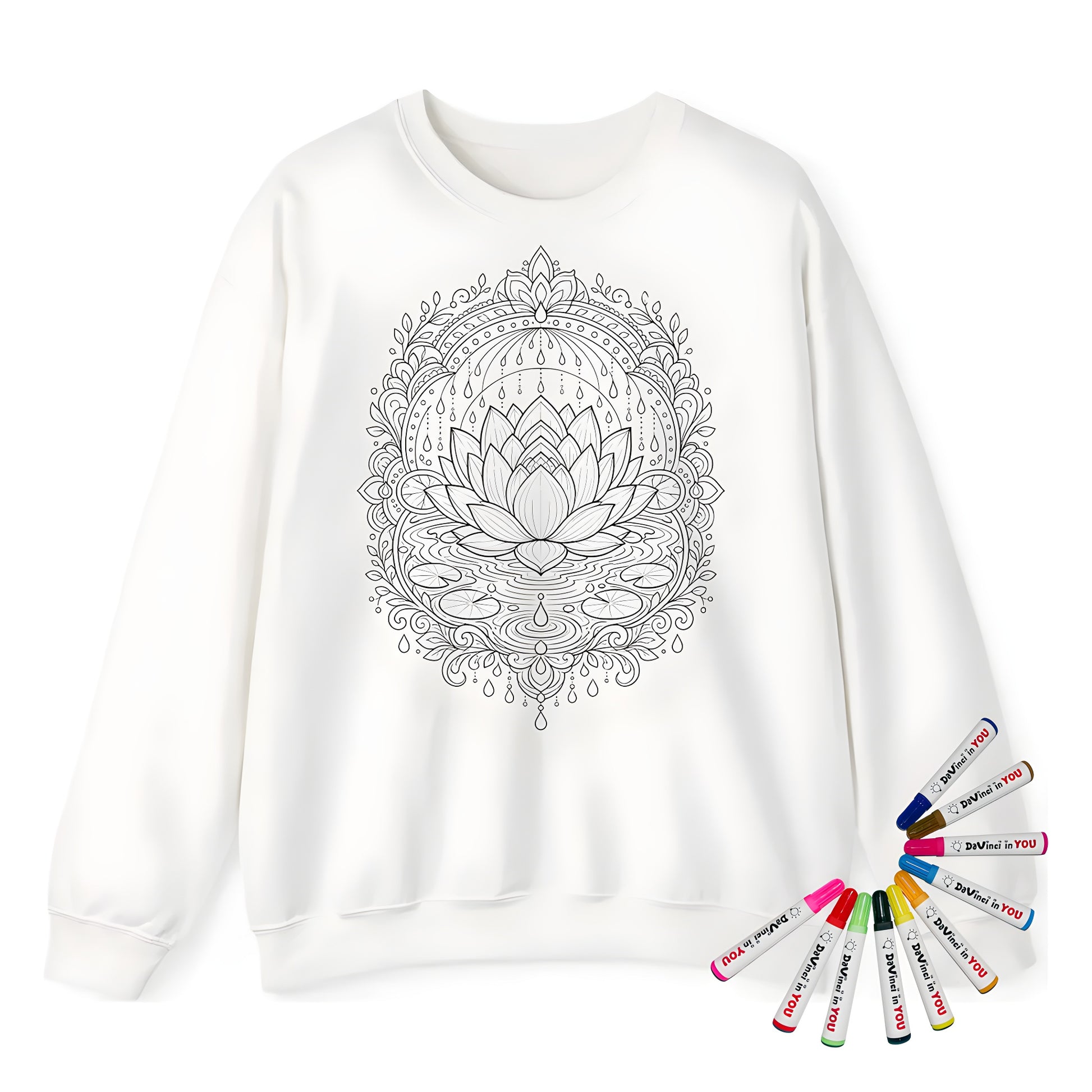 Zen Lotus Rain Mandala Adult Crewneck Sweatshirt coloring kit mockup with white base, cotton/polyester blend, and graphic print
