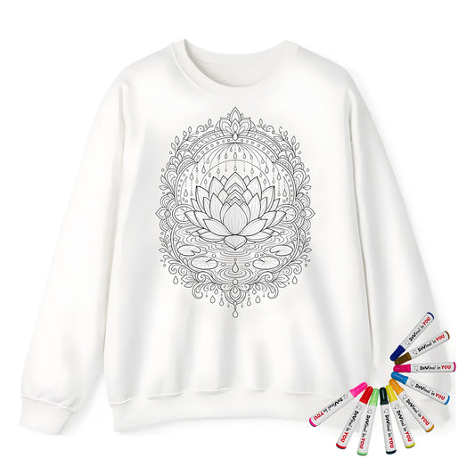 Zen Lotus Rain Mandala Adult Crewneck Sweatshirt coloring kit mockup with white base, cotton/polyester blend, and graphic print