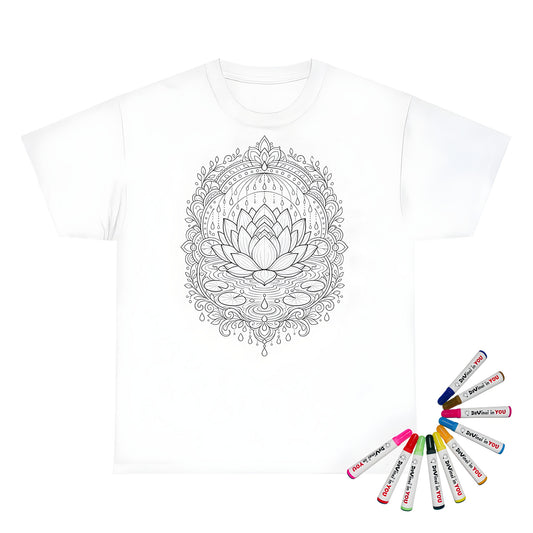 Zen Lotus Rain Mandala Kids T-Shirt coloring kit mockup with white base, cotton, and graphic print