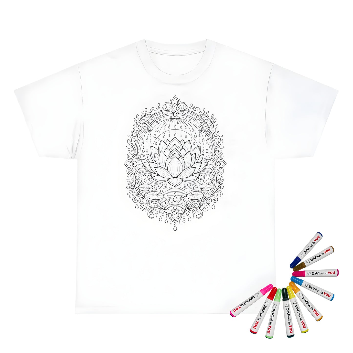 Zen Lotus Rain Mandala Unisex T-Shirt coloring kit mockup with white base, cotton, and graphic print