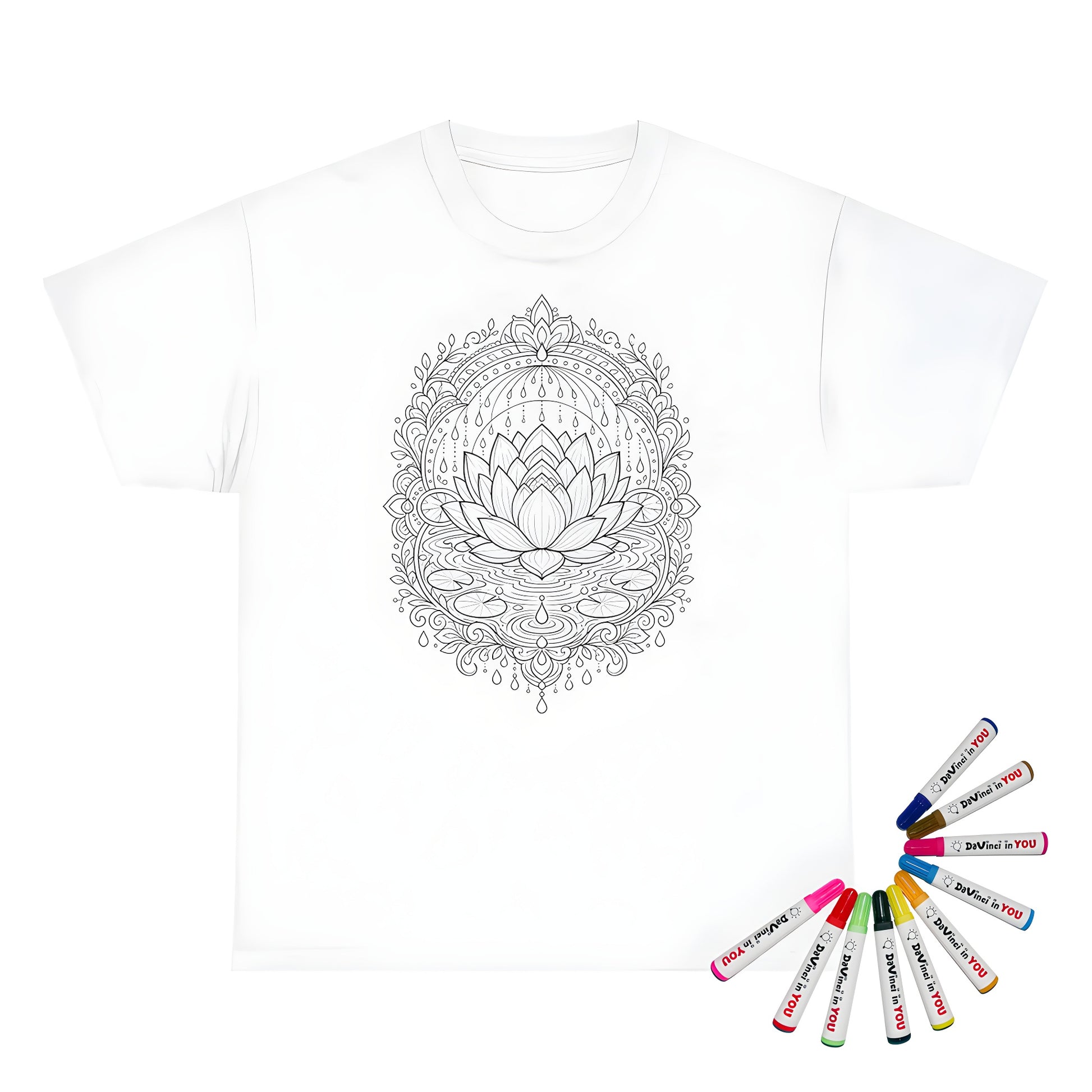 Zen Lotus Rain Mandala Unisex T-Shirt coloring kit mockup with white base, cotton, and graphic print