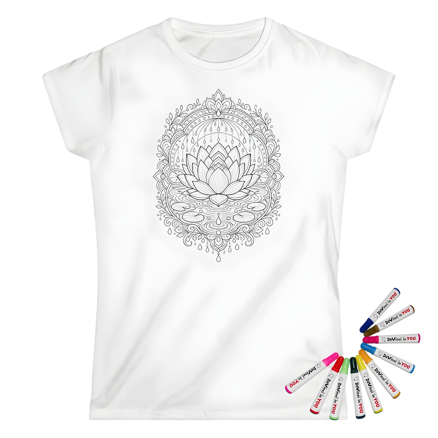 Zen Lotus Rain Mandala Womens T-Shirt coloring kit mockup with white base, cotton, and graphic print
