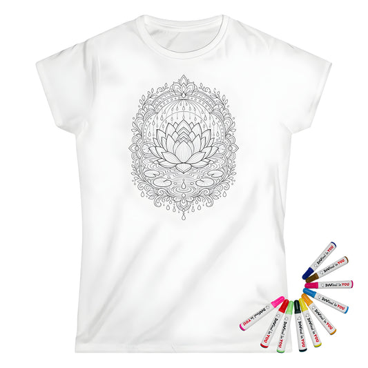 Zen Lotus Rain Mandala Womens T-Shirt coloring kit mockup with white base, cotton, and graphic print