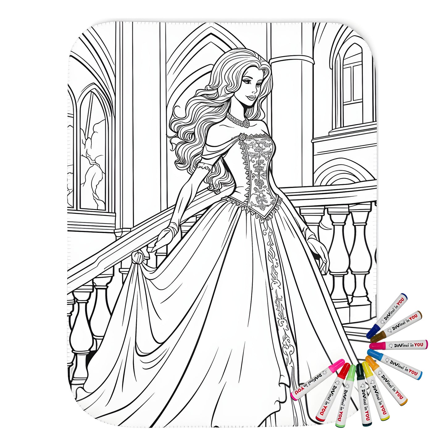 A beautiful elegant princess themed blanket for kids and adults alike, featuring a lovely queen with flowing locks and intricate details.