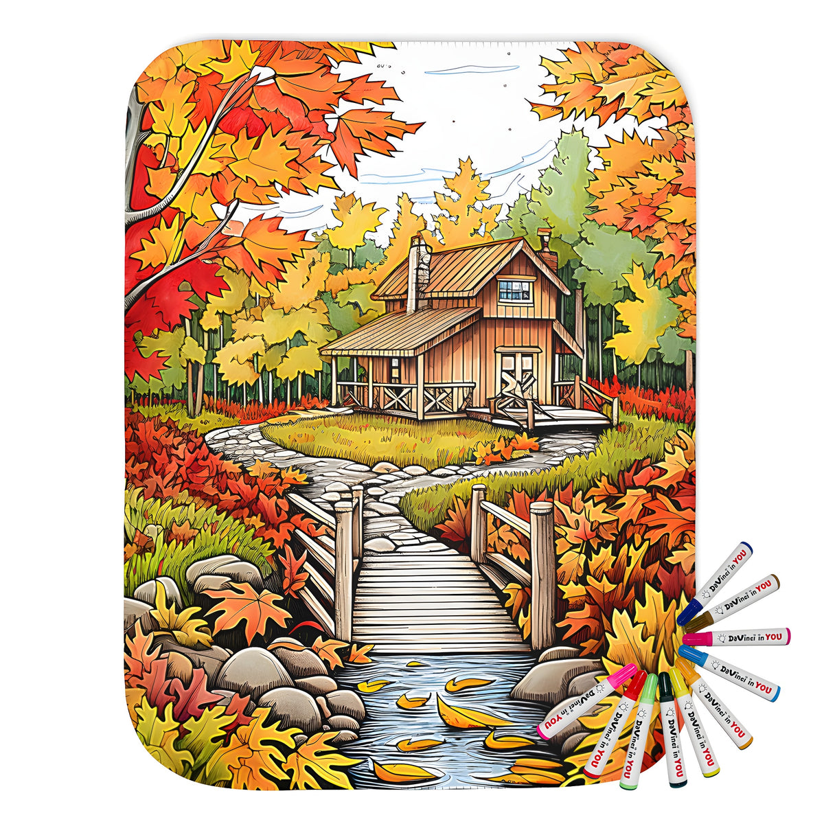 Cozy cabin blanket with autumn leaves and wooden bridge print