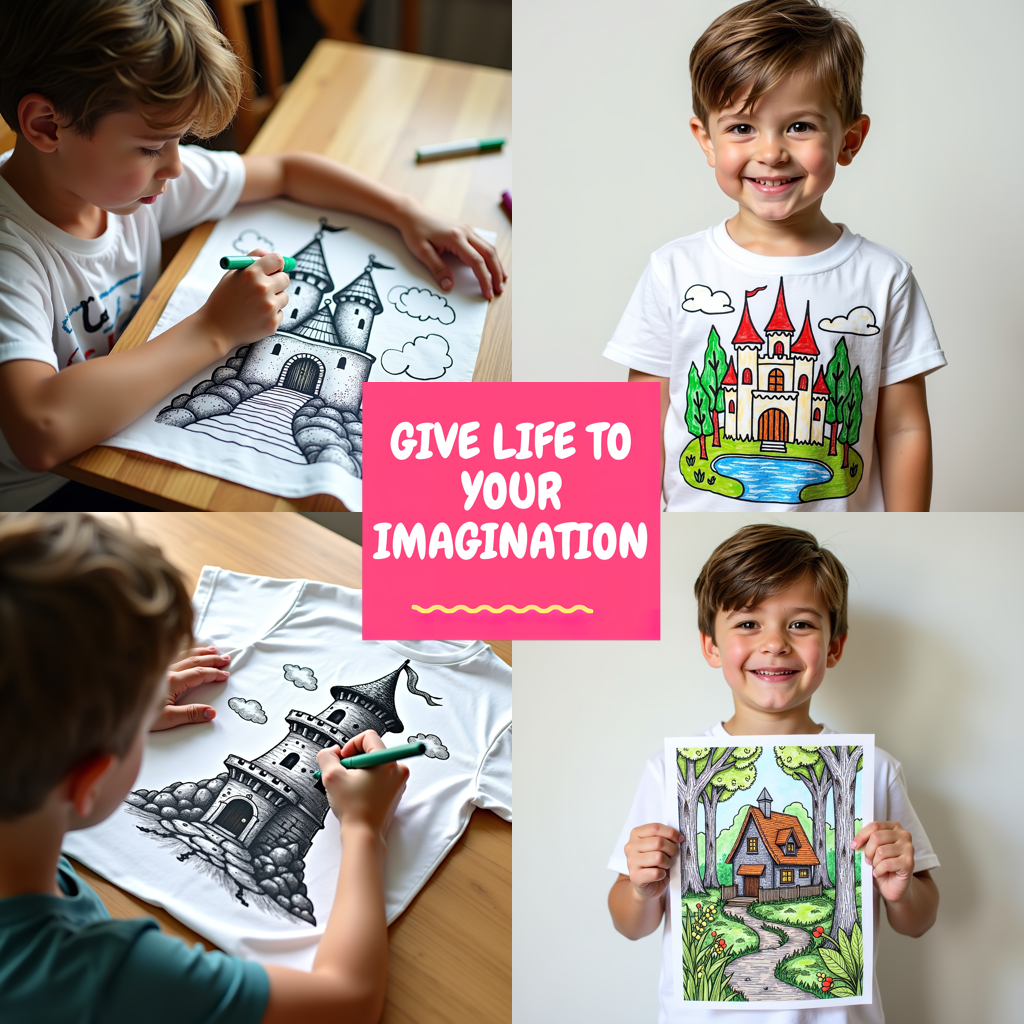 Kid's T-shirt Coloring Kit with 10 Fabric Markers - Castle and Planets